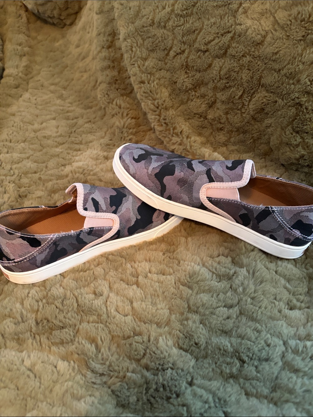 OluKai Women's Camo Slip-On Flats in Pink, Gray, and Black